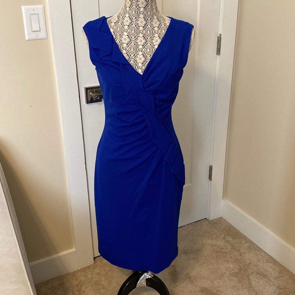 Cache cobalt blue dress, sleeveless, knee length, back zipper, size 8